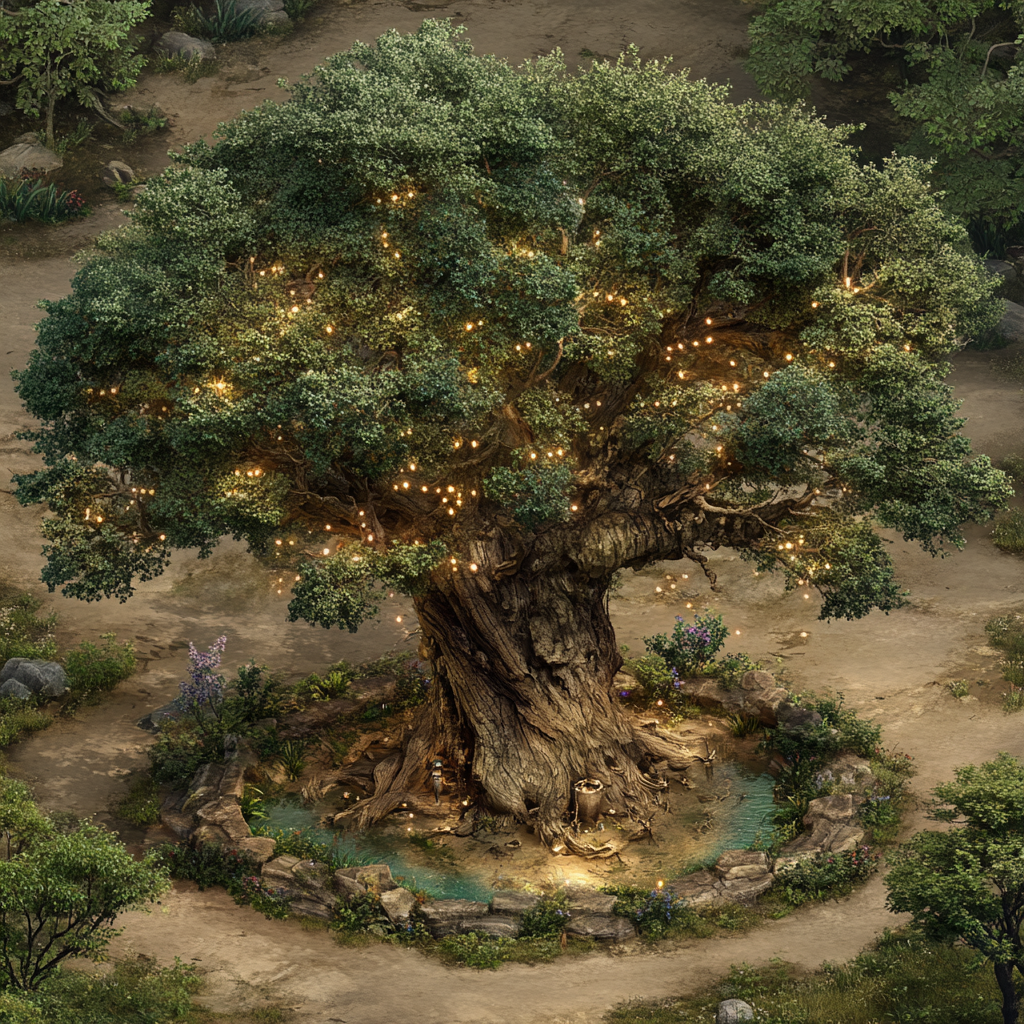 The Heart Oak - a sacred tree glowing with golden light at the center of the settlement