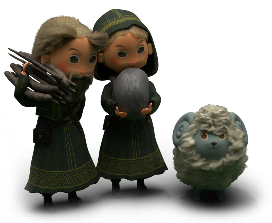 Celtic villagers carrying firewood and a stone, accompanied by a fluffy sheep - in-game characters from Oakborn